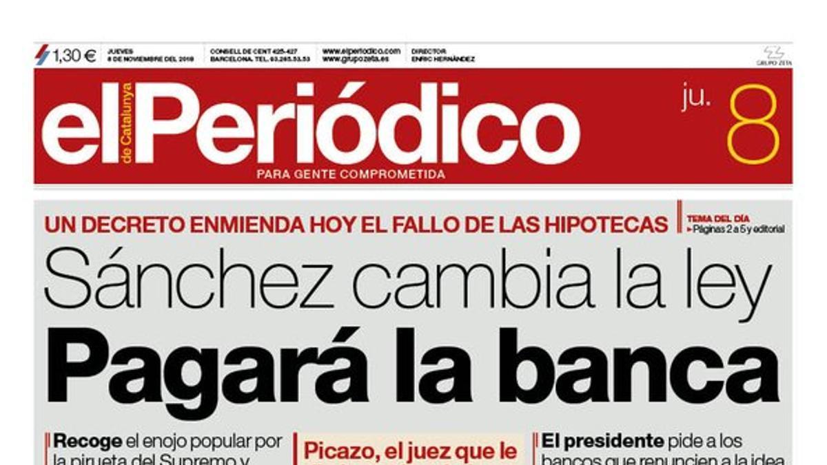 La portada de EL PERIÓDICO del 8 de noviembre del 2018