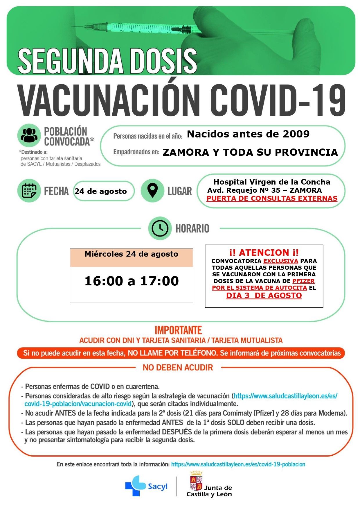 Vacunación contra el COVID por llamamiento la próxima semana en Zamora