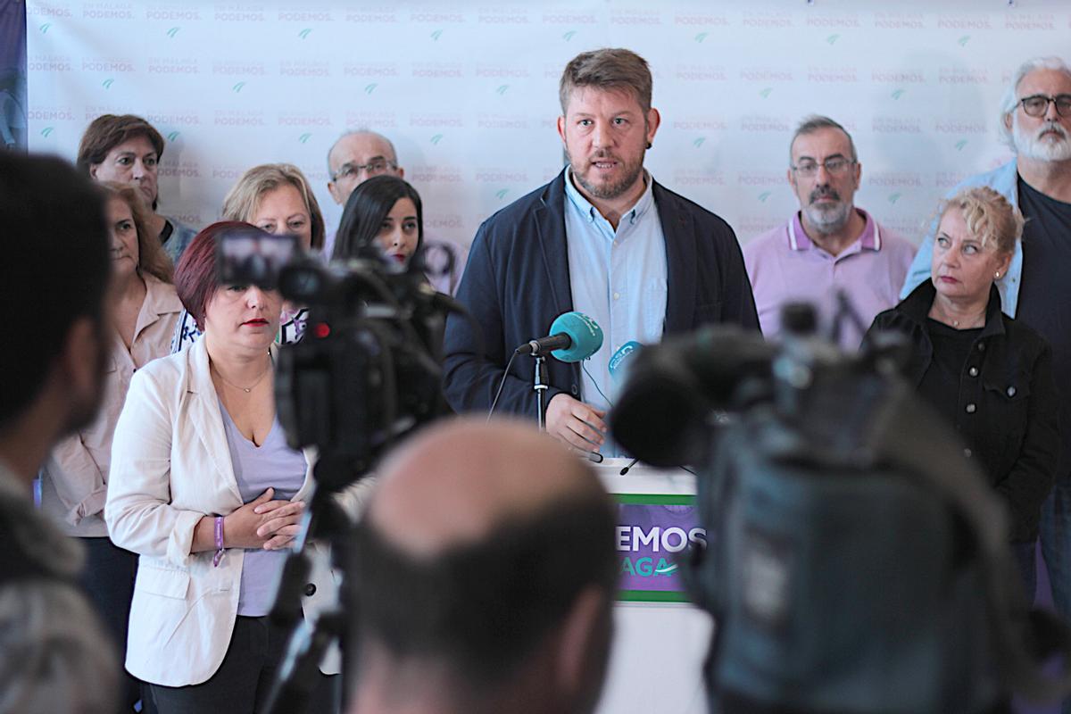 Nico Sguiglia, durante la rueda de prensa en la sede de Podemos.