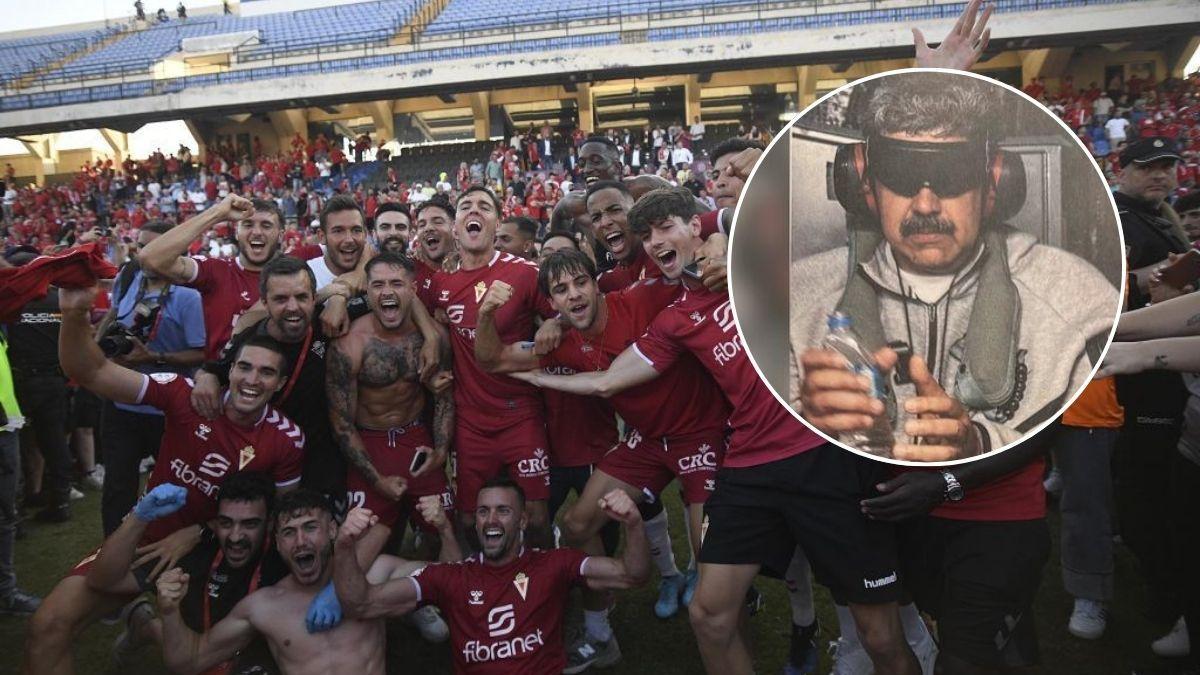 Montaje del ascenso del Real Murcia a 1ª RFEF con Nicolás Maduro detenido por Estados Unidos.