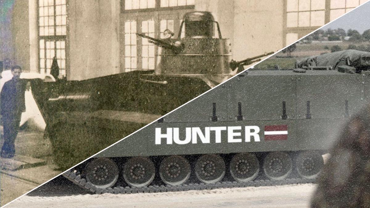 La mitad del "Trubia A4" desarrollado en 1926 "Hunter" y la mitad de un "Hunter", fabricado por Santa Bárbara, para el Ejército de Letonia.