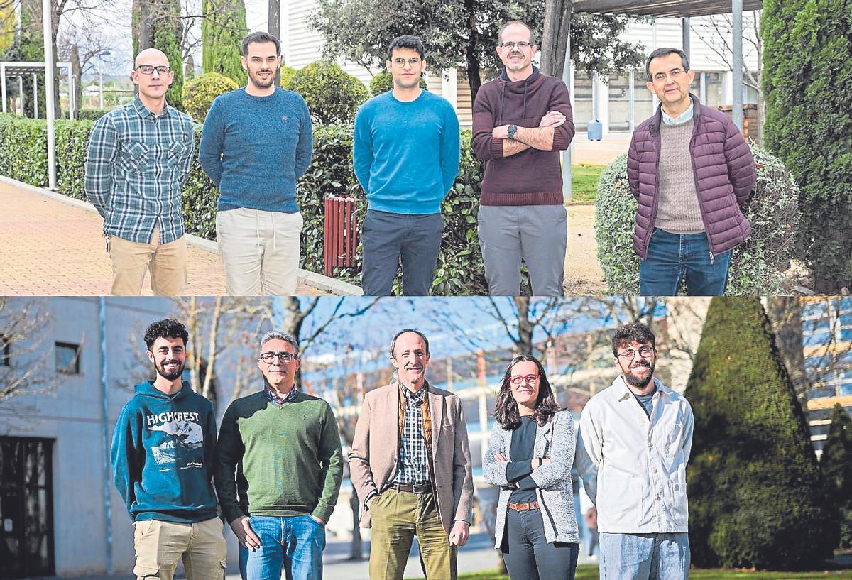 Els equips d’investigació que han desenvolupat el dispositiu a l’UJI (dalt) i la UPNA (baix).