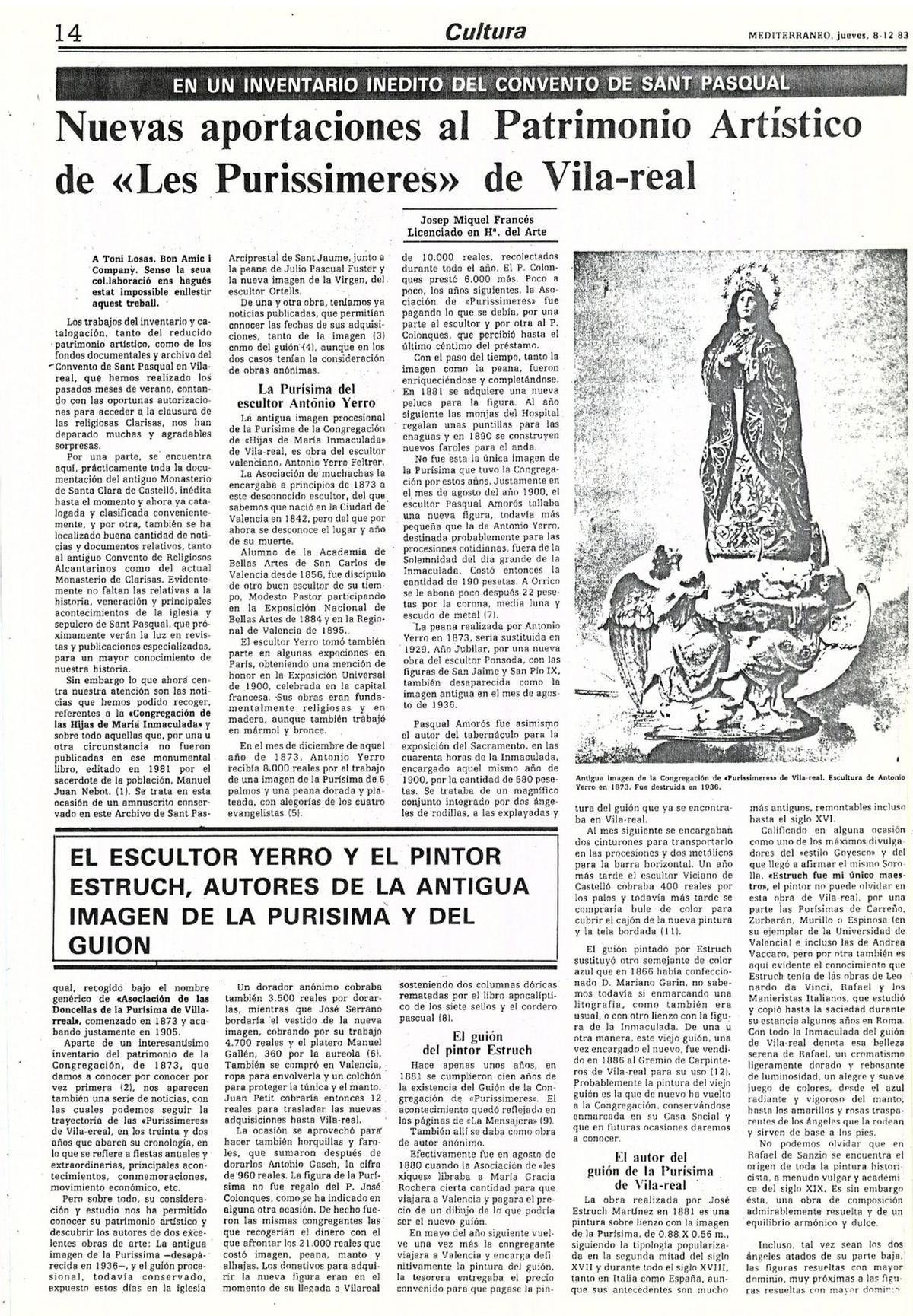 Artículo de Josep Miquel Francés, publicado en el periódico 'Mediterráneo' en diciembre de 1983, sobre el patrimonio histórico de Vila-real en torno a la Purísima.