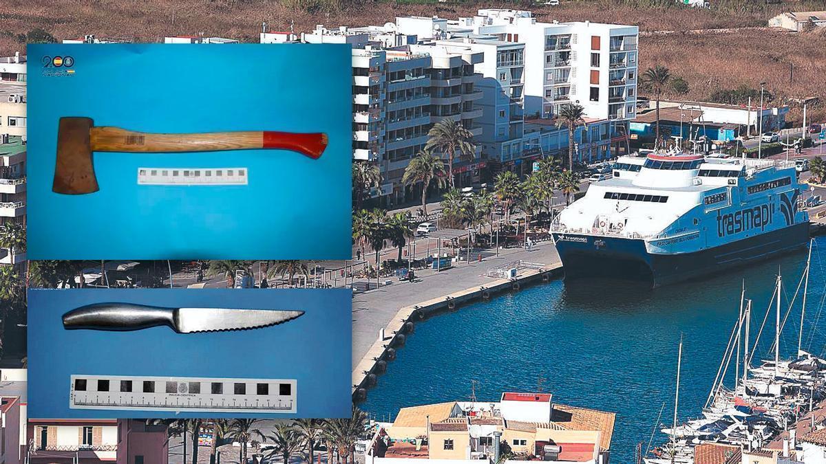 En el fondo, una embarcación de la compañía Trasmapi amarrada en el puerto de Vila, en Ibiza, en una imagen de archivo. En los recuadros, el hacha y el cuchillo utilizados por el marinero luanquín en el ataque en un ferri en Ibiza.