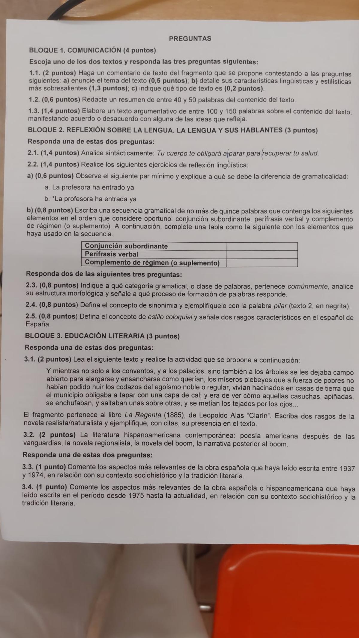 Examen de Lengua Castellana y Literatura de la modalidad de Ciencias y Tecnología, en Madrid