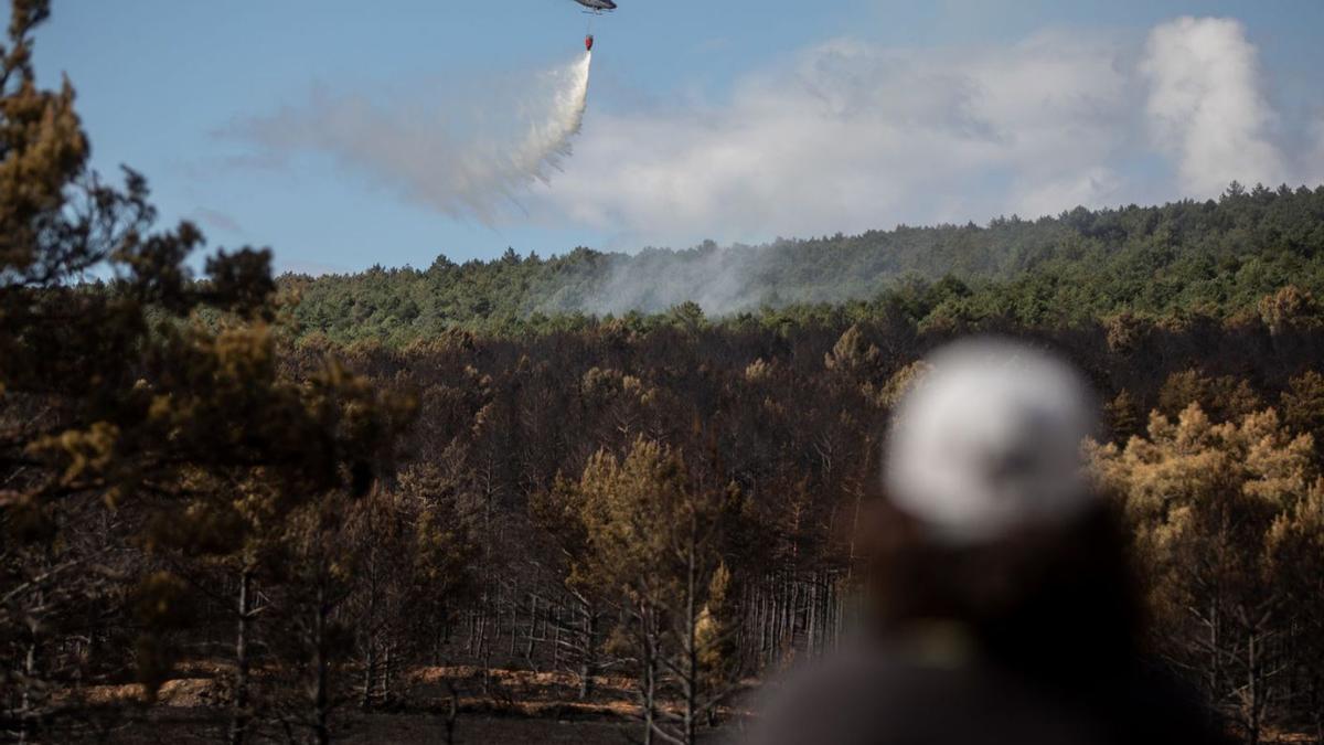 Descarga de agua desde un medio aéreo durante el incendio de la Sierra de la Culebra. | Emilio Fraile