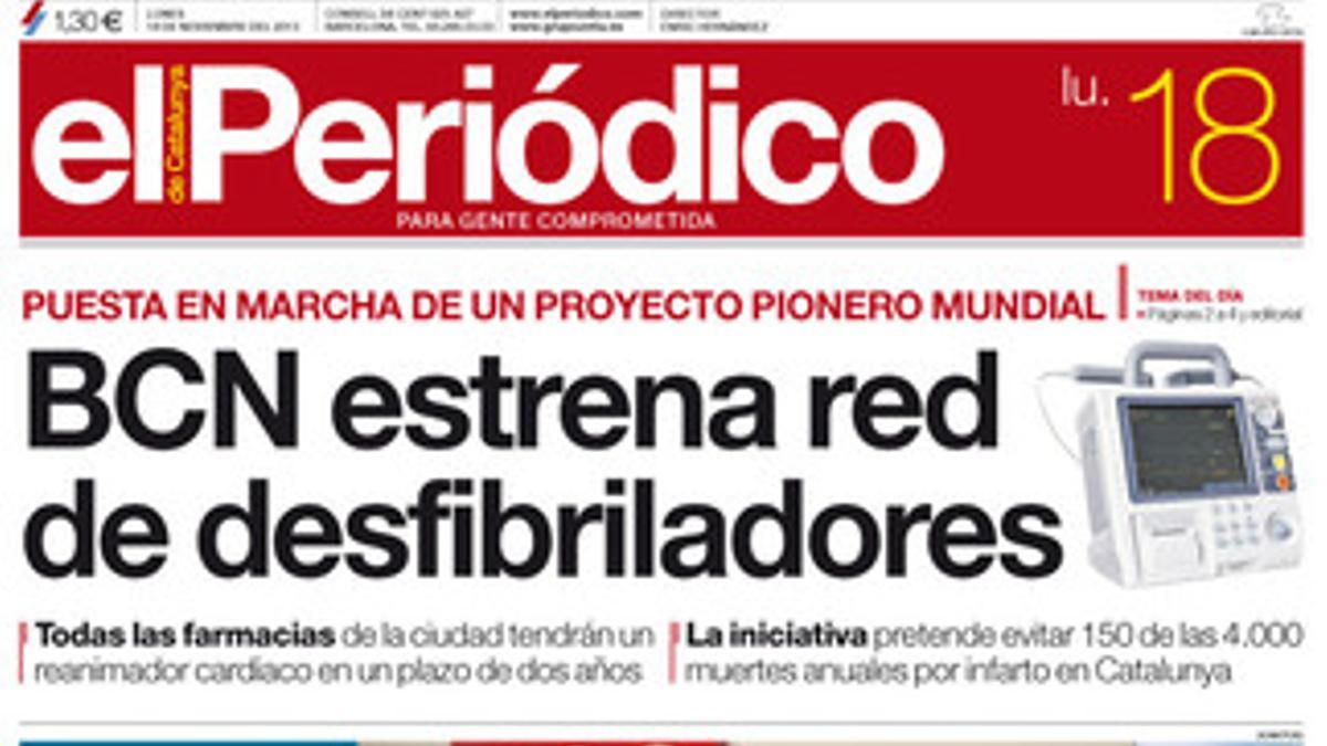 La portada de EL PERIÓDICO del 18 de noviembre del 2013.