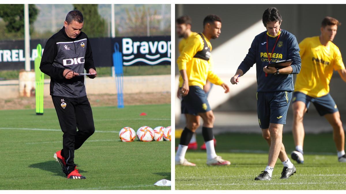 Sergi Escobar (i), entrenador del CD Castellón, y Unai Emery (d), técnico del Villarreal CF, hacen cábalas sobre los posibles rivales en la segunda ronda de la Copa del Rey.