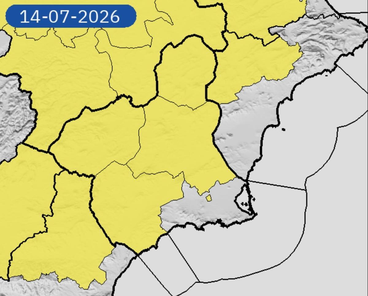 Mapa de alerta meteorológica el martes en la Región de Murcia