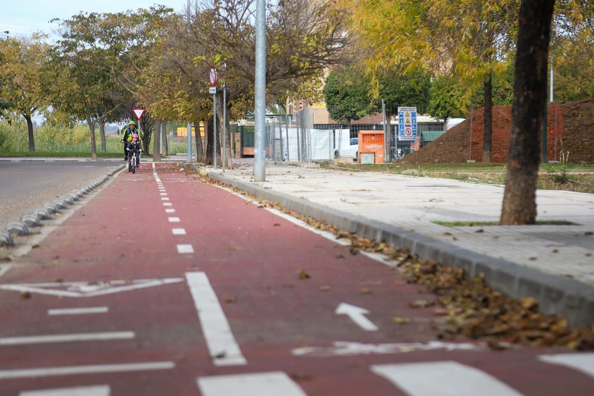 Un adulto y un niño hacen uso del carril bici de Ronda Norte, en la barriada de San Roque, Badajoz.