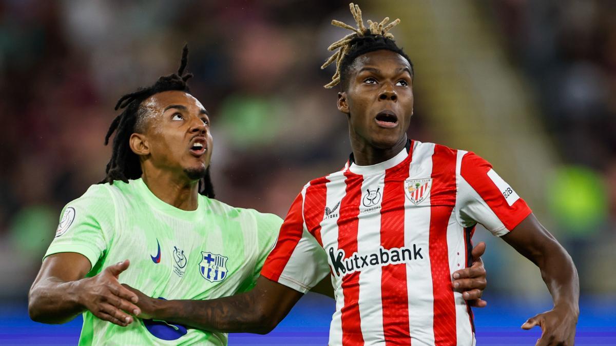 Koundé y Nico Williams, durante el partido entre Barça y Athletic de la anterior edición de la Supercopa de España