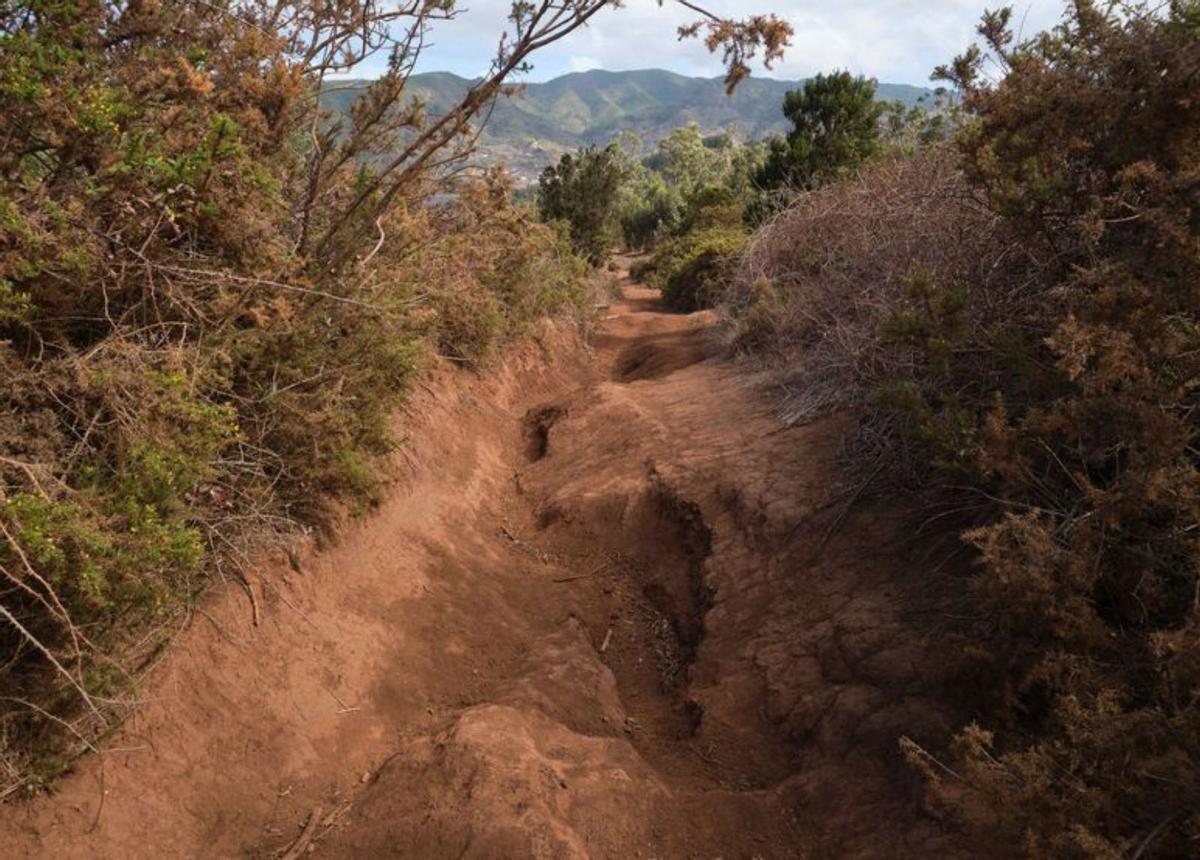 En la foto 1, un 4x4 avanza por una subida; en la 2, un agujero de unos dos metros de profundidad en la zona de Las Antenas, hace unos años, y en la 3, el estado en el que se encuentra una muy deteriorada pista cercana a la zona alta de Las Gavias. | CARSTEN W. LAURITSEN