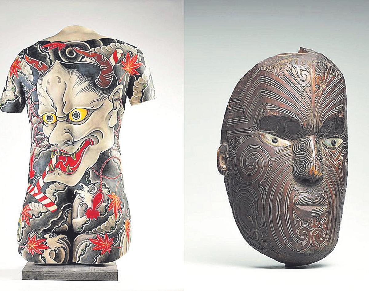 Diseño de tatuaje: Filip Leu, Suíza, 2018; y máscara de frontón koruru o parata, de la cultura maorí, Nueva Zelanda