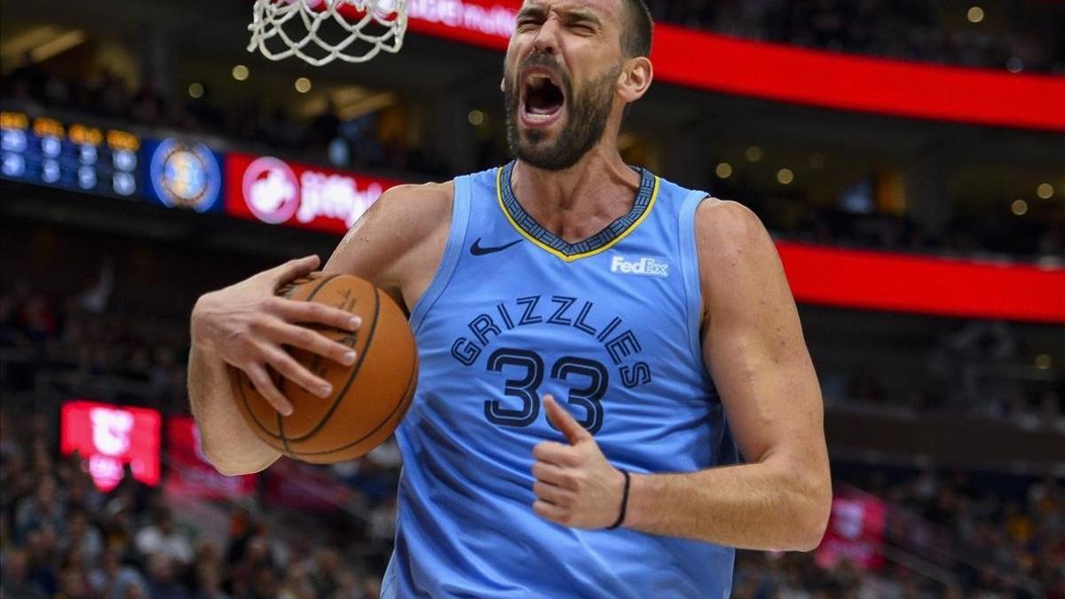 Marc Gasol celebra una de sus acciones en el partido en Utah