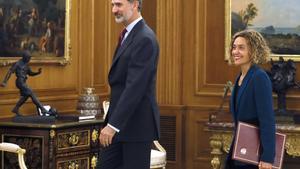El rey Felipe VI y la presidenta del Congreso, Meritxell Batet, durante la audiencia hoy en el Palacio de La Zarzuela. La reuniÃ³n marca un primer paso para fijar posteriormente las fechas de su ronda de consultas con los representantes de los partidos para proponer candidato a la investidura como presidente del Gobierno, en Madrid (EspaÃ±a), a 4 de diciembre de 2019