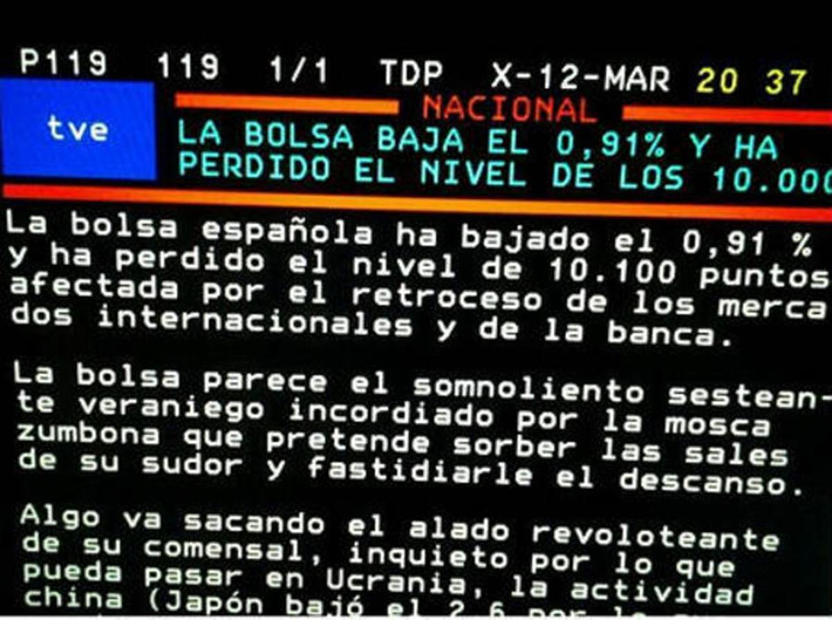 Captura de la pantalla de la pàgina del teletext de TVE amb les línies sobre la mosca. Captura de la pantalla de la pàgina del teletext de TVE amb les línies sobre la mosca.