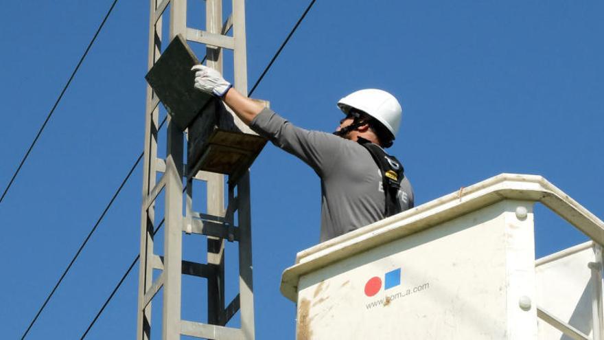 Tècnics en una línia elèctrica en una imatge d&#039;arxiu