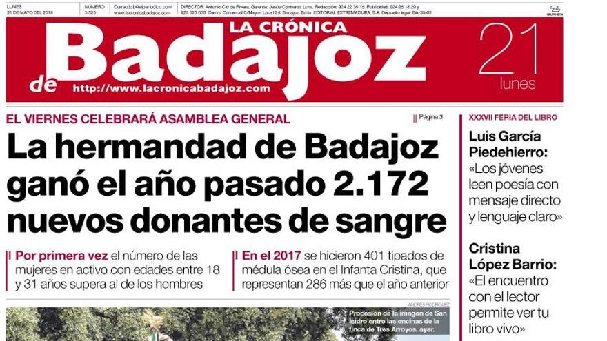 Esta es la portada de LA CRÓNICA DE BADAJOZ correspondiente al día 21 de mayo del 2018