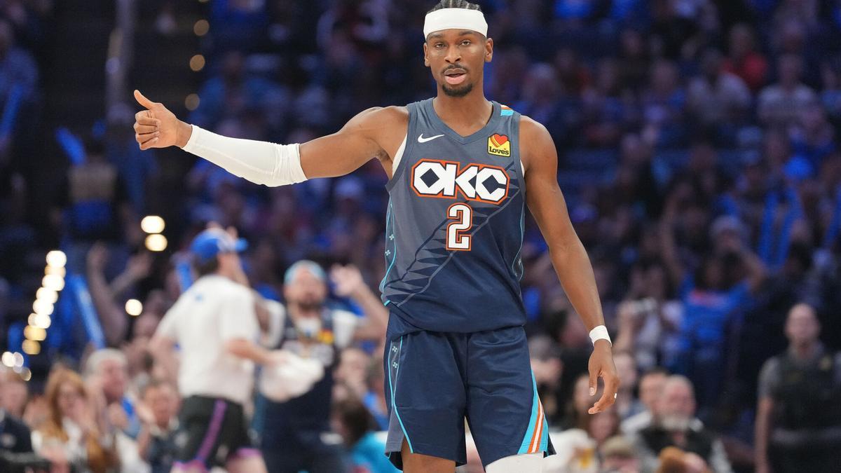 Oklahoma City Thunder guard Shai Gilgeous-Alexander celebrates during the second half of an NBA basketball game against theSacramento Kings, Wednesday, Nov. 19, 2025, in Oklahoma City. (AP Photo/Kyle Phillips)