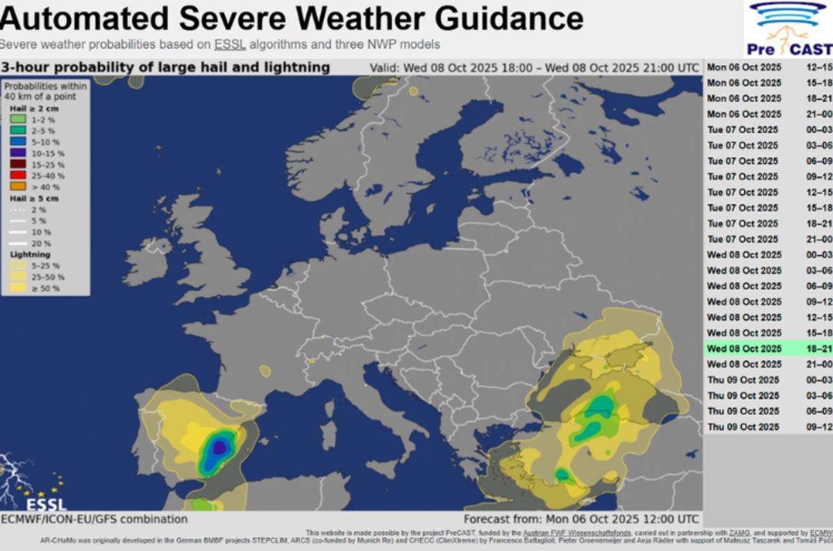 El Laboratorio Europeo de Tormentas Severas advierte de la posible caída de granizo de hasta 2 centímetros mañana.