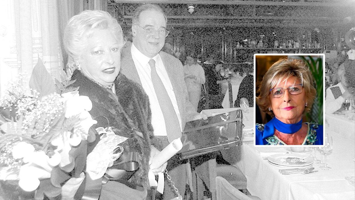 Madame Riti, con un ramo de flores, el día en que fue homenajeada en Somió, en 2001. En el recuadro, en una imagen de 2021.