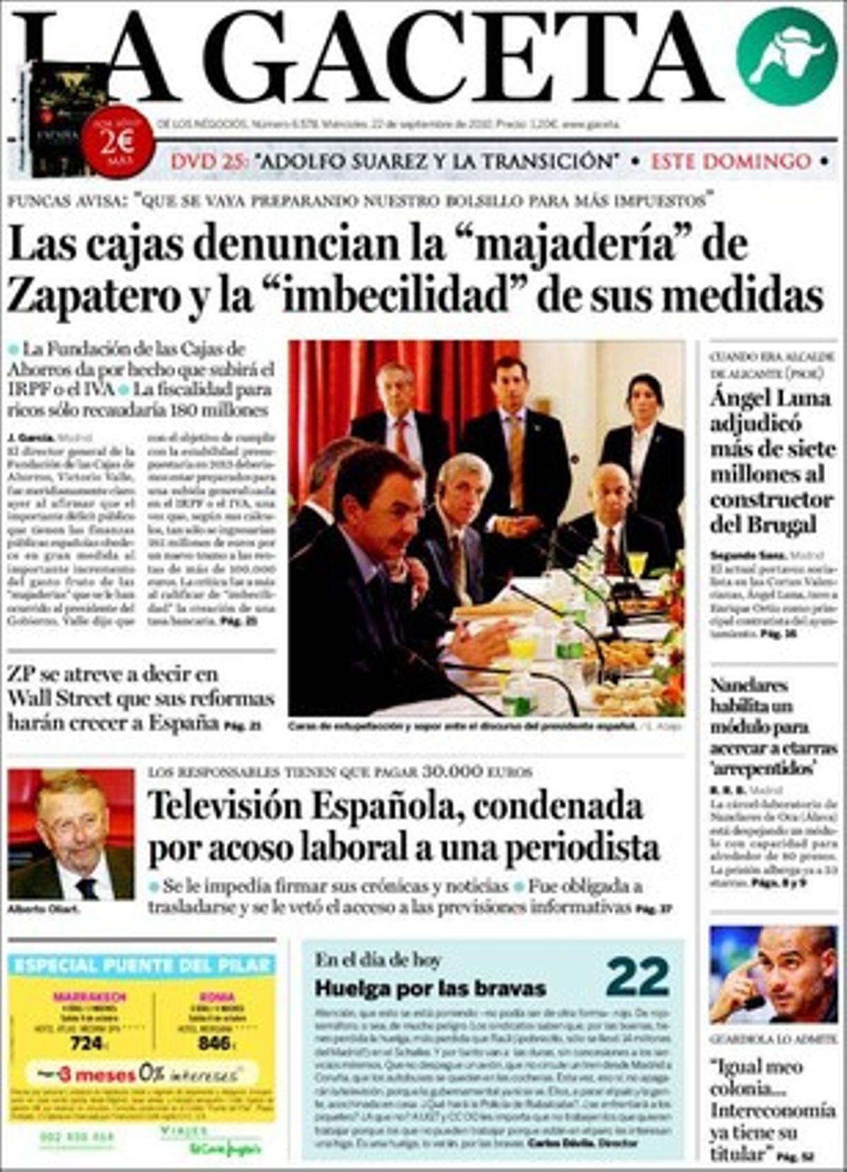 ’La Gaceta’ despliega en páginas interiores que las asociaciones de victimas del terrorismo y el PP demandan una ley que prohiba al Gobierno negociar con ETA y que Artur Mas anunció que auditará las cuentas del tripartito si gana el 28-N