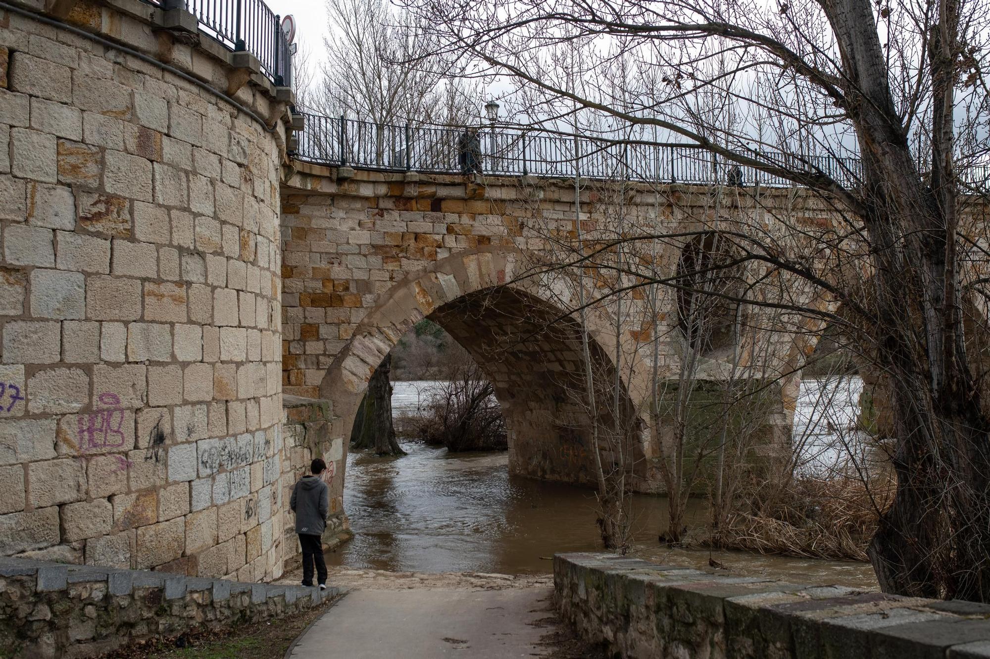 El paseo bajo el Puente de Piedra en la margen derecha, anegado. | Emilio Fraile