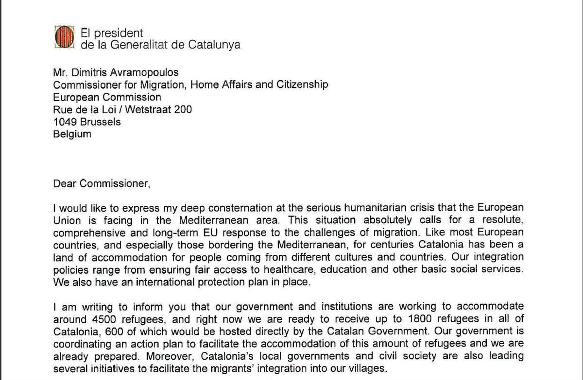Carta de Puigdemont al comissari d’Immigració de la UE.