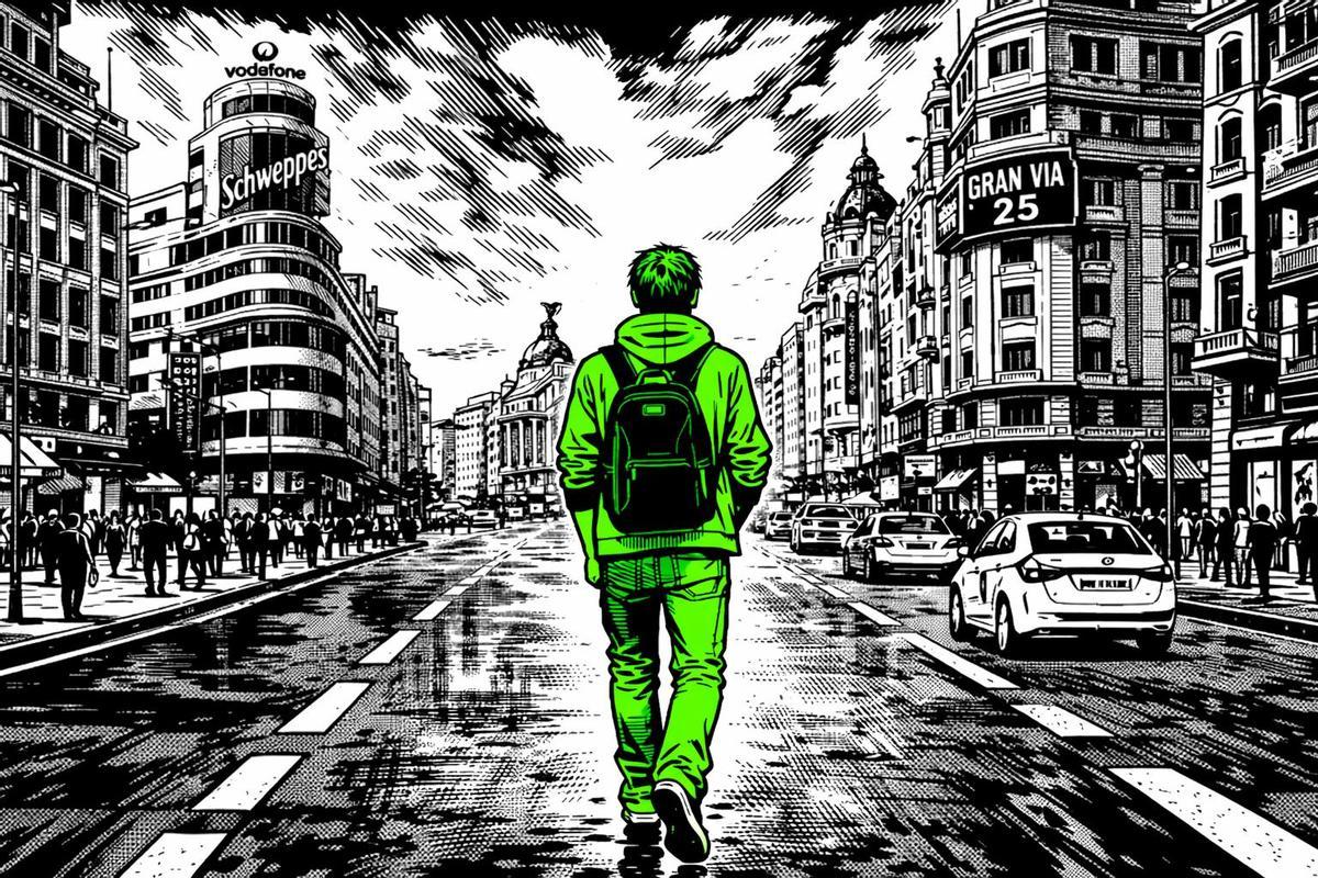 Ilustración asistida por Chat GPT de un joven caminando por la Gran Vía de Madrid