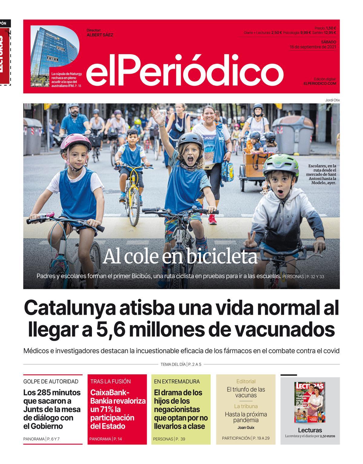 La portada d’EL PERIÓDICO del 18 de setembre del 2021