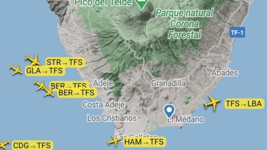 Aeronaves en el radar de Tenerife Sur durante la situación de emergencia.