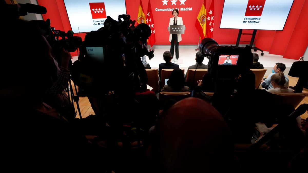 Isabel Díaz Ayuso, durante su comparecencia en la sede de la Comunidad de Madrid.