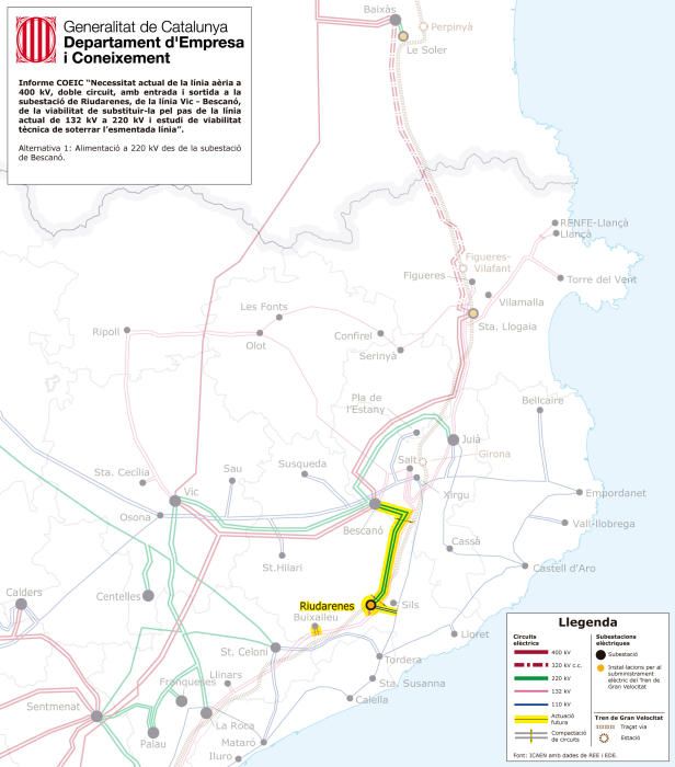 Mapa de l'alternativa 1, que proposa una línia de 220 kv des de la subestació de Bescanó fins a la de Riudarenes.