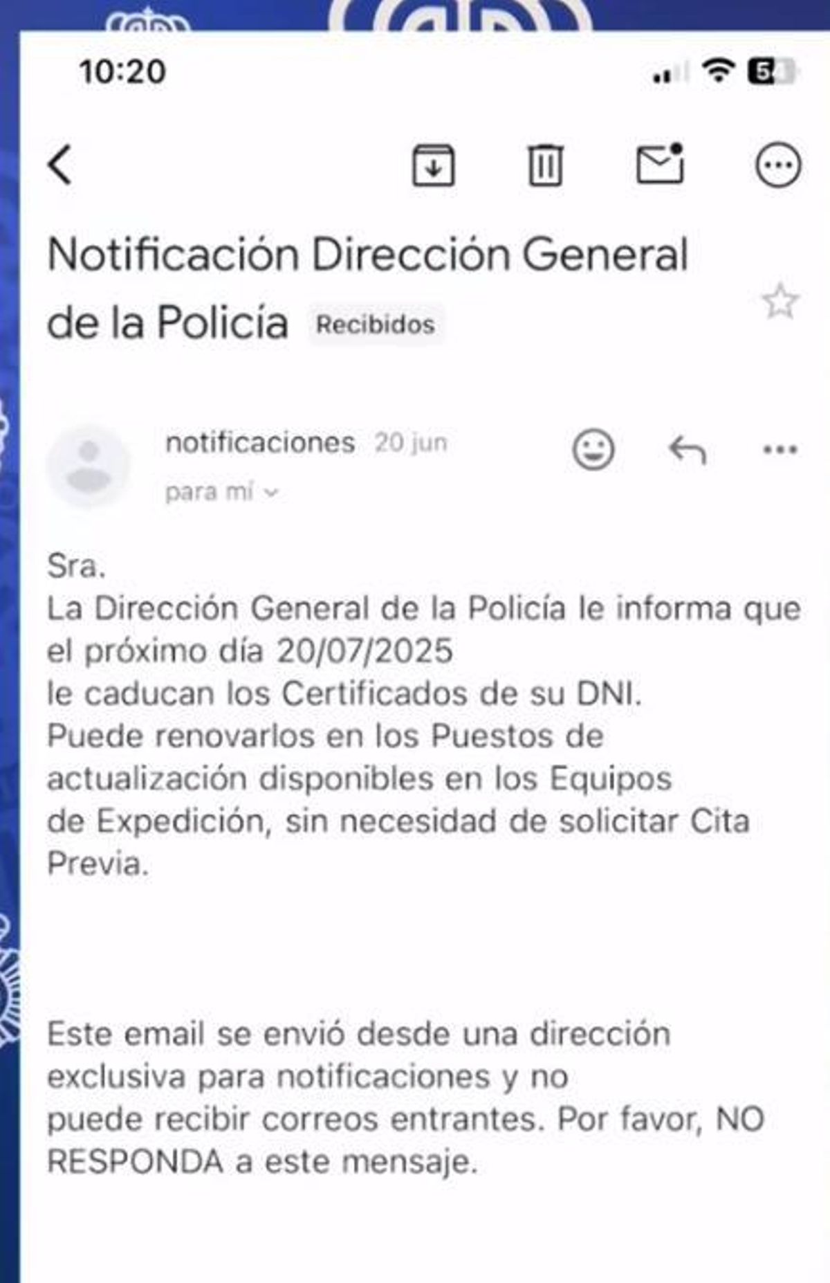 Mensaje de la Policía Nacional para recordar la renovación del Certificado Digital