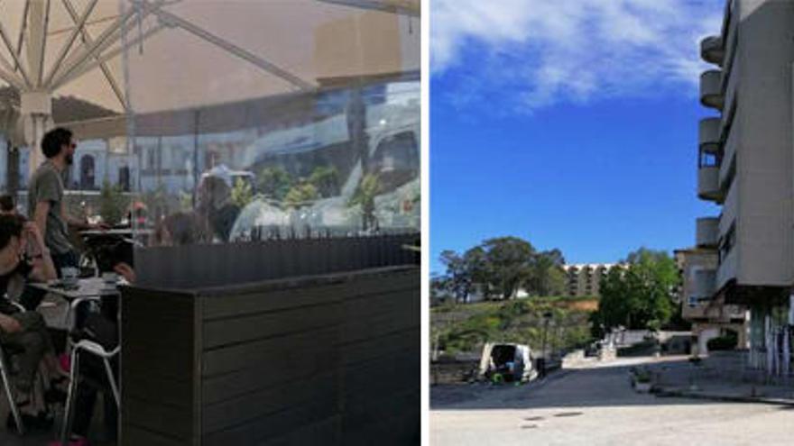 Una terraza llena ayer en la plaza de Betanzos (iz) y otra, recogida, ayer en el paseo de Santa Cruz (Oleiros).