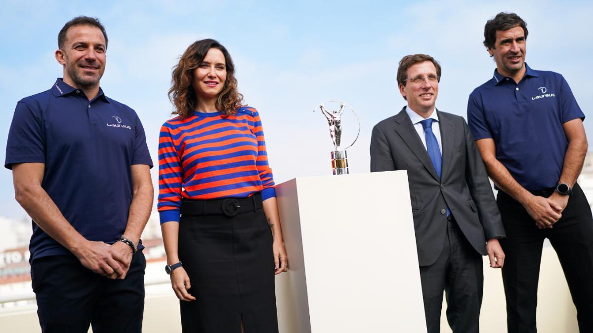 Del Piero, Díaz Ayuso, Martínez Almeida y Raúl Gonzáles en la presentación de los premios Laureus World Sports XXV edición que se entregarán en Madrid