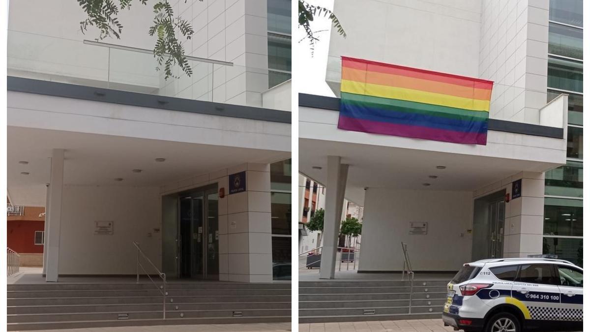 A la izquierda, imagen actual del ayuntamiento; a la derecha, la del año pasado con motivo de la celebración del Orgullo LGTBI.