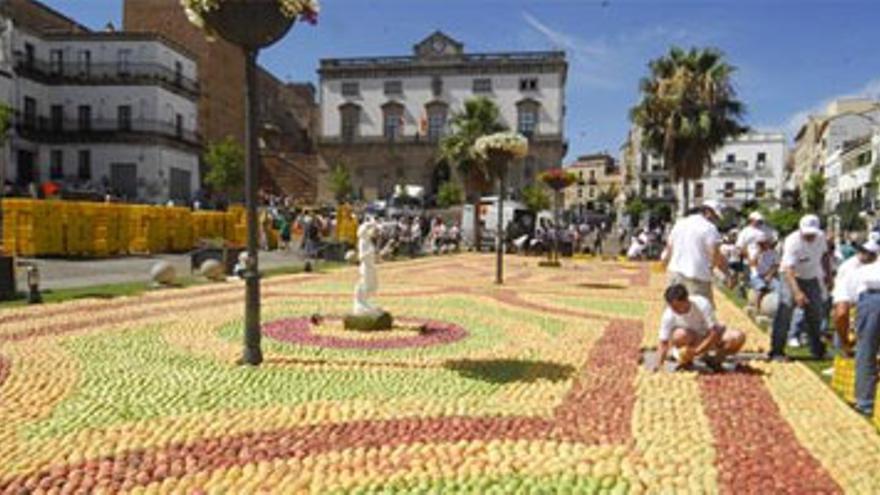 Un mosaico de 40.000 kilos de fruta como reivindicación en la Plaza Mayor de Cáceres