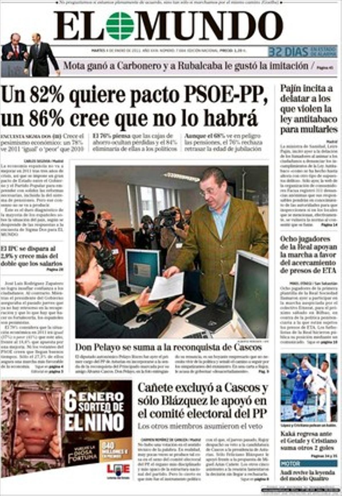 ’El Mundo’ també destaca a dins que Franscico Álvarez-Cascos va disfrutar anòmalament, com a exsecretari general del PP, de cotxe oficial del seu partit mentre Luis Bárcenas va ser gerent; que vuit futbolistes de la Reial Societat mostren el seu suport als presos d’ETA al recolzar una manifestació contra la política penitenciària; que el jutge prohibeix vendre loteria amb la cara de Carlos Fabra, el líder del PP de Castelló que va evitant judicis per escàndols de corrupció; que les associacions de militars s’uneixen contra la llei de drets i deures, la norma estrella de la ministra Carme Chacón; i que el CDV s’enfonsa i creix la venda de cine ’on line’.