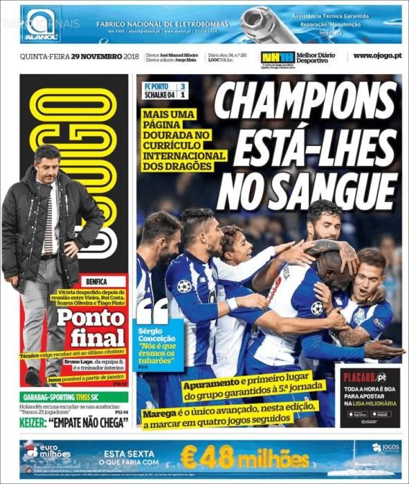 Portada O JOGO jueves 29 noviembre 2018