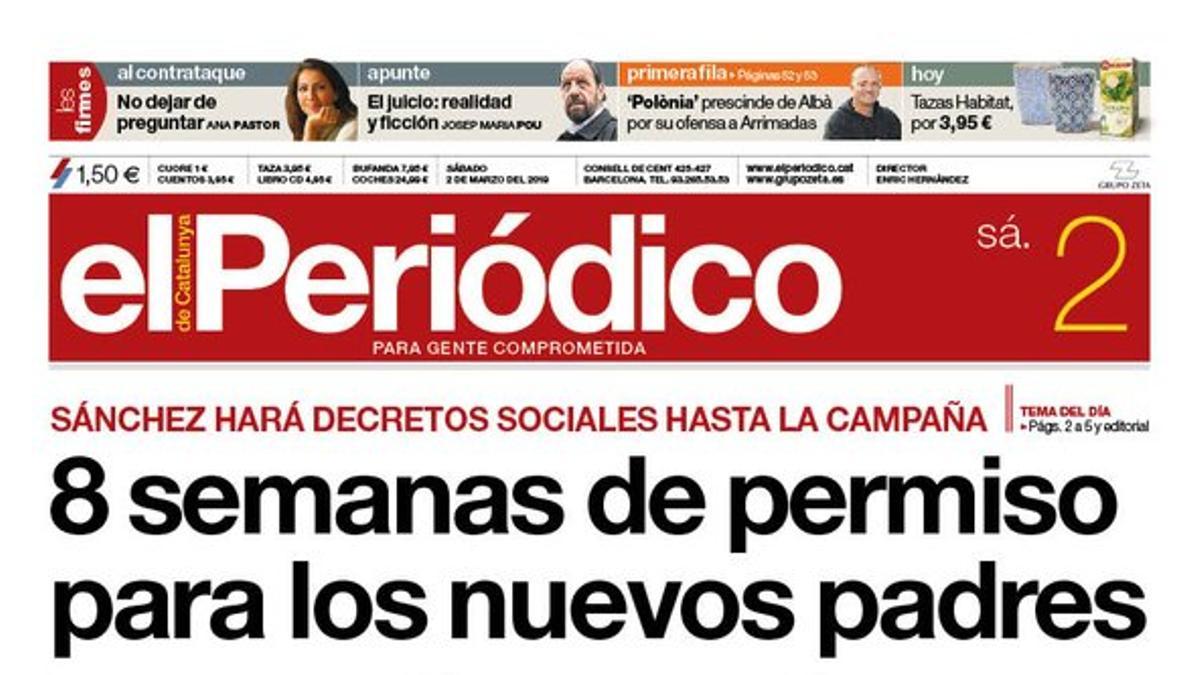 La portada de EL PERIÓDICO del 2 de marzo del 2019