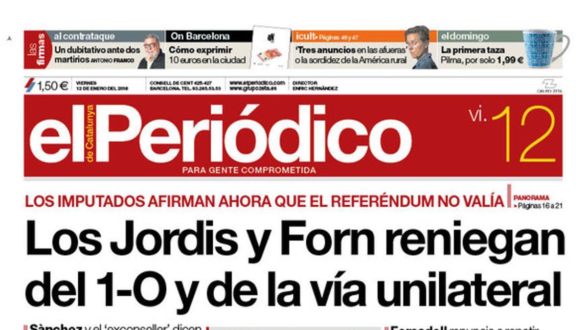 La portada de EL PERIÓDICO del 12 de enero del 2018