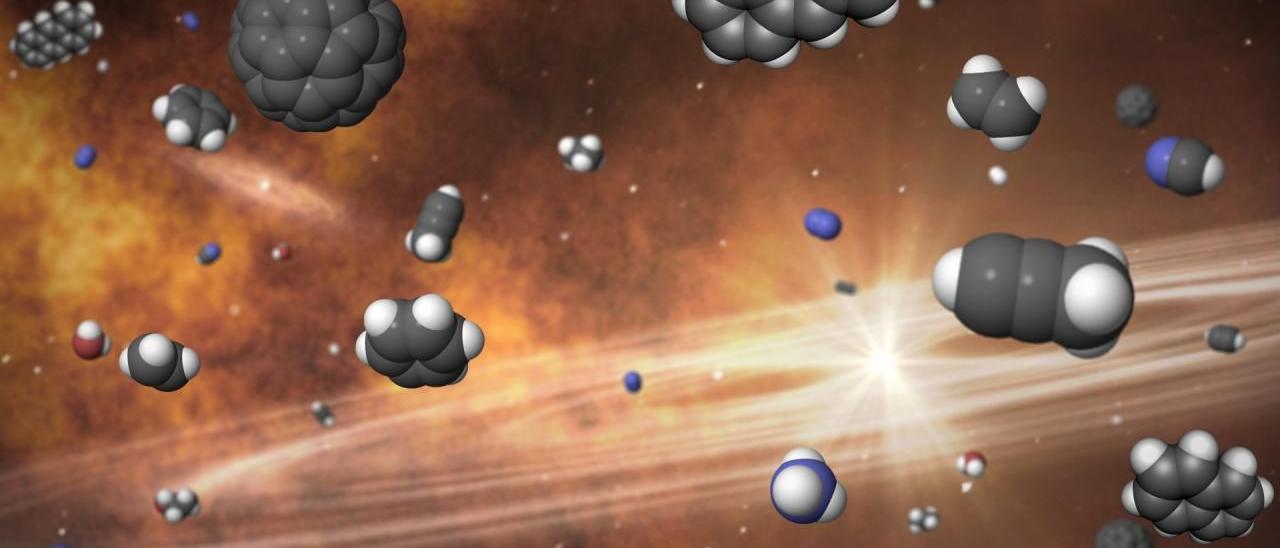 Composición artística de una &quot;sopa&quot; de moléculas prebióticas alrededor de un disco protoplanetario.