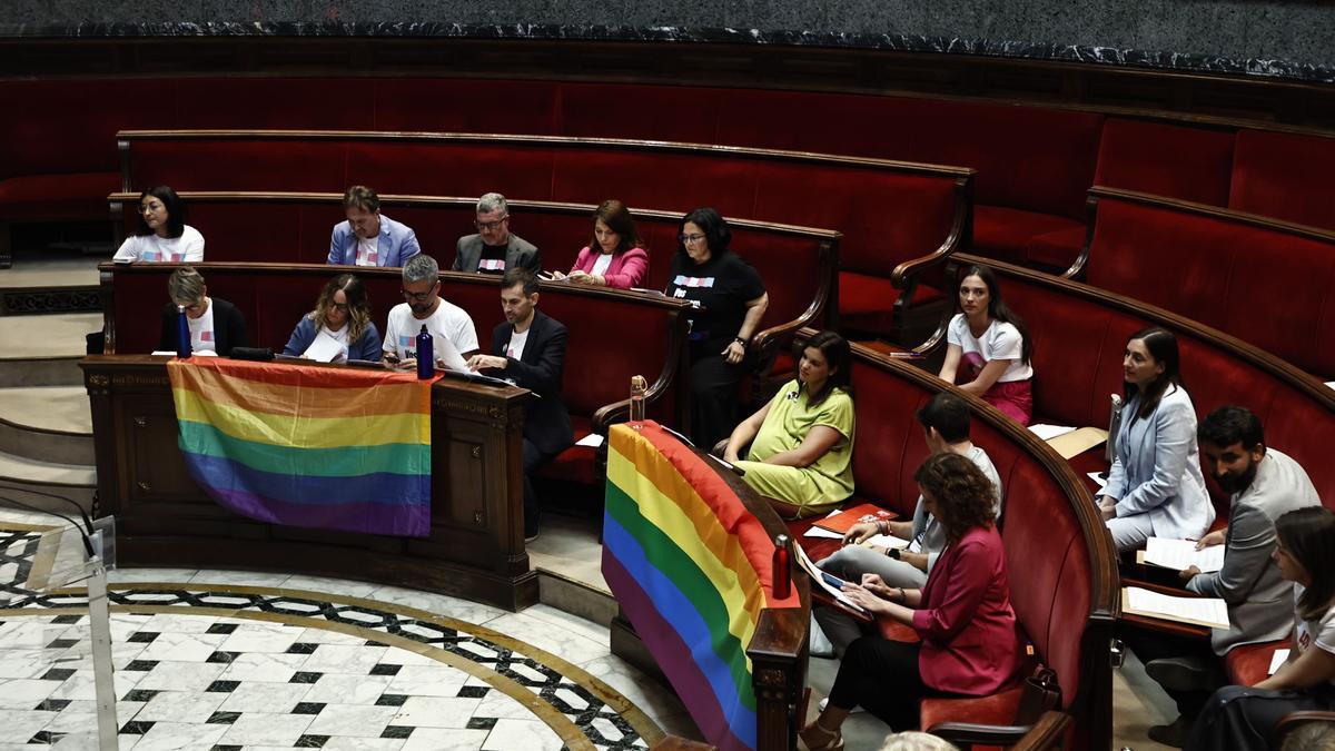 Los grupos Compromís y PSPV han colocado las banderas LGTBi en sus bancadas.