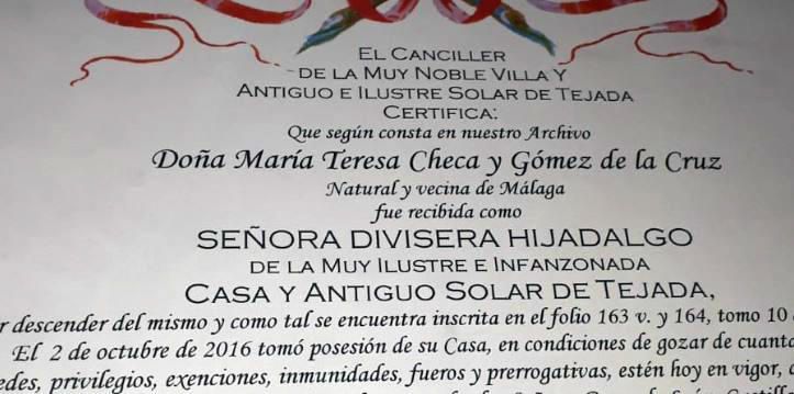 Señora divisera hijadalgo del Solar de Tejada. Extracto del documento de nombramiento de María Teresa Checa Gómez de la Cruz como divisera del Solar de Tejada. Desde su creación en la Edad Media esta institución ha admitido a mujeres.