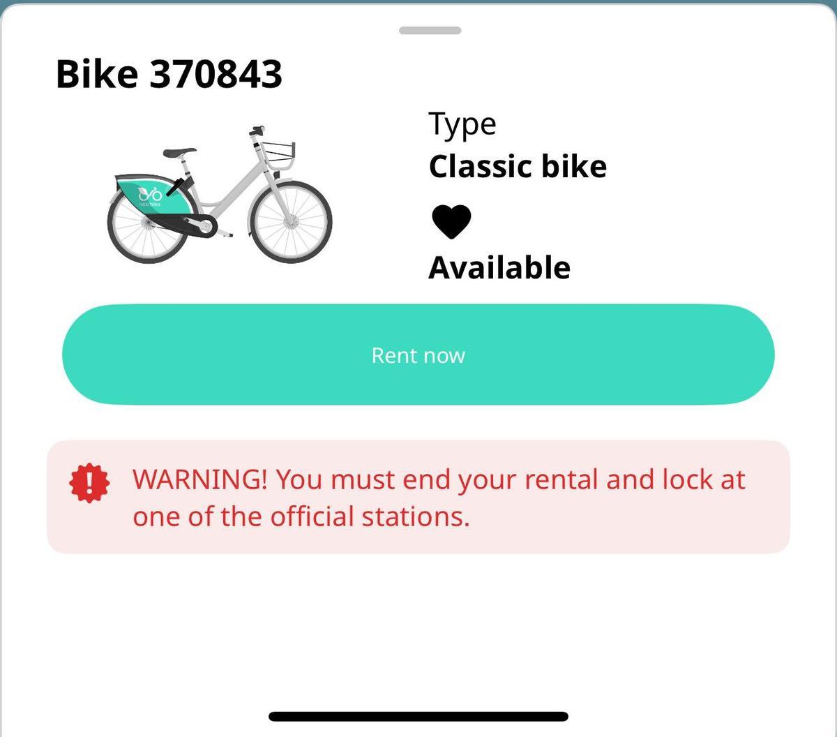 Eine neue Warnanzeige macht beim Ausleihen darauf aufmerksam das die Leihräder an offiziellen Stationen abgegeben werden müssen