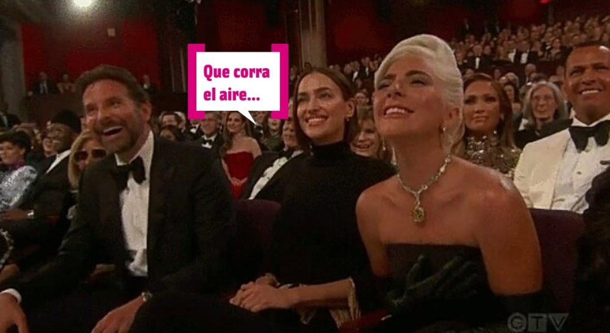 Irina Shayk sentada entre Bradley Cooper y Lady Gaga en los Oscar 2019