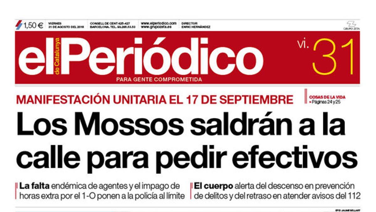 La portada de EL PERIÓDICO del 31 de agosto del 2018