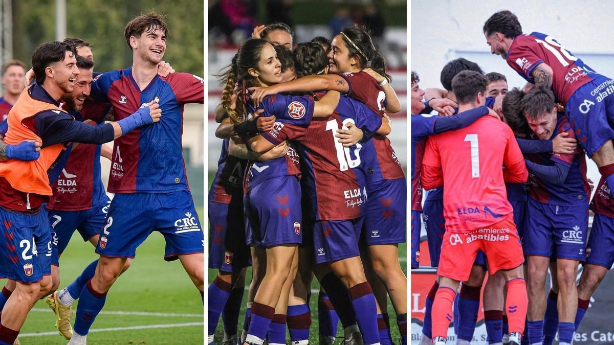 El primer equipo, el equipo femenino y el filial masculino, de izquierda a derecha, celebran un gol.
