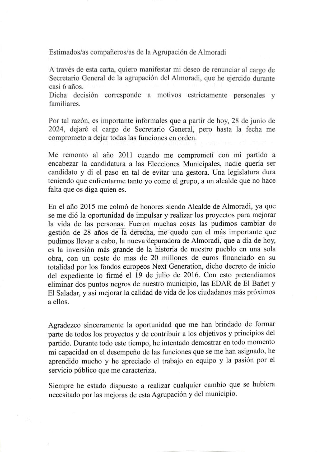 Carta de renuncia remitida a los militantes del PSOE